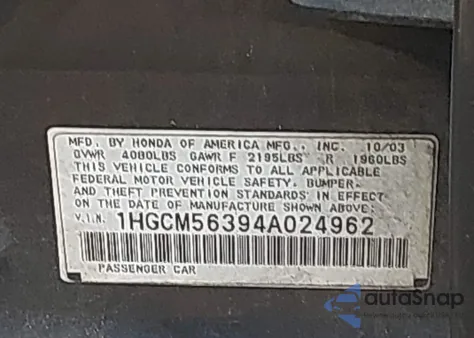 2004 Honda Accord 2.4 Lx из США, поврежденный, VIN 1HGCM56394A024962